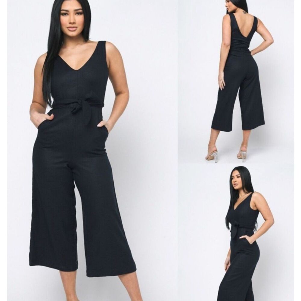 Reset by Jane Cropped Jumpsuit Small Linen Blend Black V-neck Tie Back Pockets - Picture 3 of 6